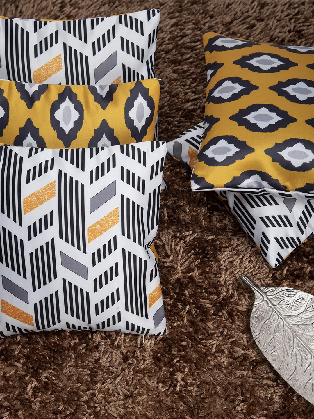 

HOUZZCODE Mustard Yellow & Off-White Set of 5 Geometric Square Cushion Covers
