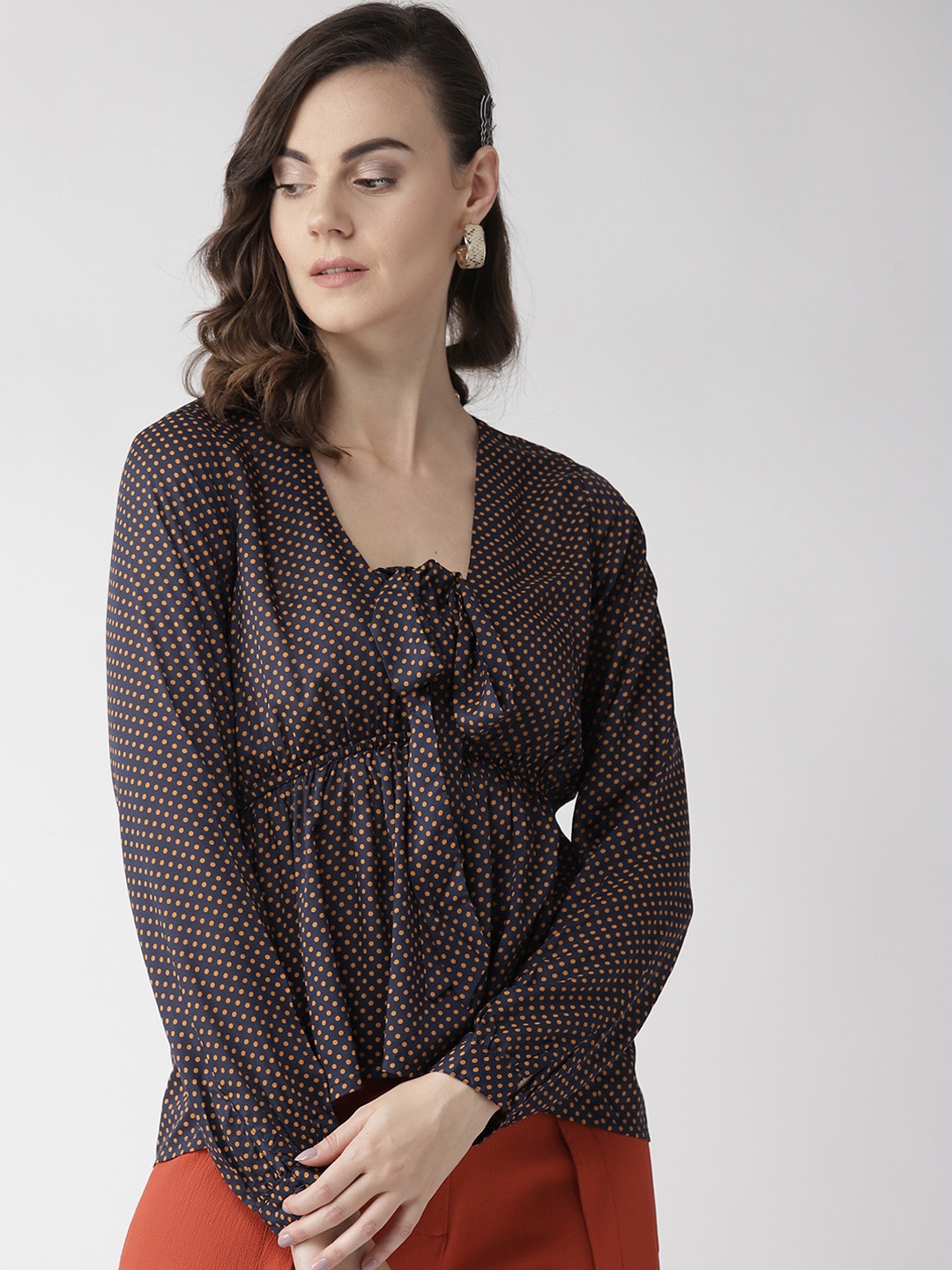 

QUIERO Women Navy Blue & Orange Printed Empire Top
