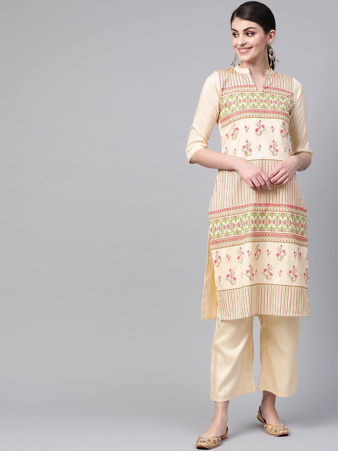 

ZIYAA Women Cream-Coloured & Pink Printed Straight Kurta