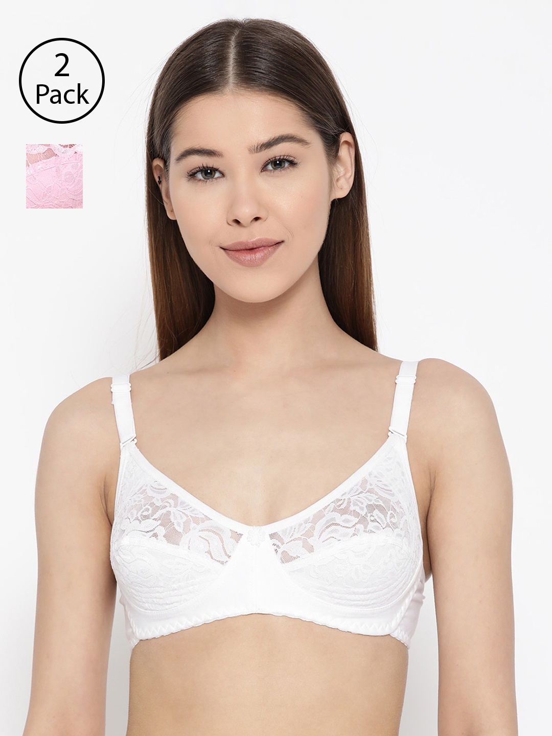 

Lady Lyka Pack of 2 Lace Non-Wired Non Padded Lace Everyday Bras IMPRESSION, Pink