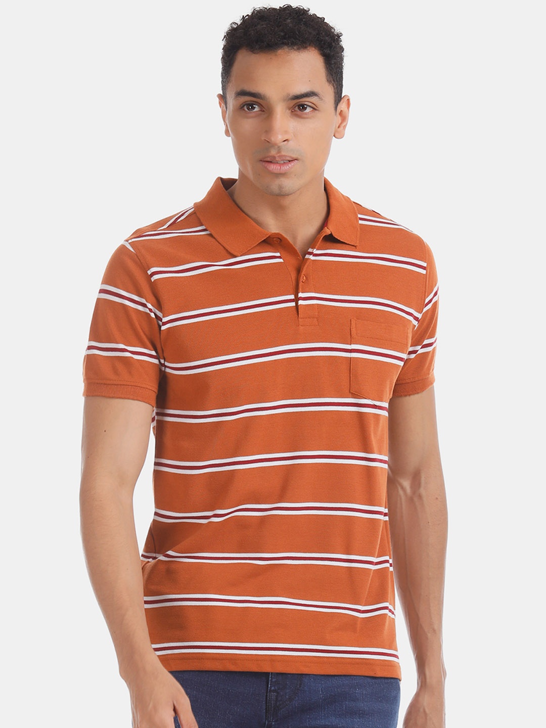 

Ruggers Men Rust Brown & Maroon Striped Polo Collar T-shirt