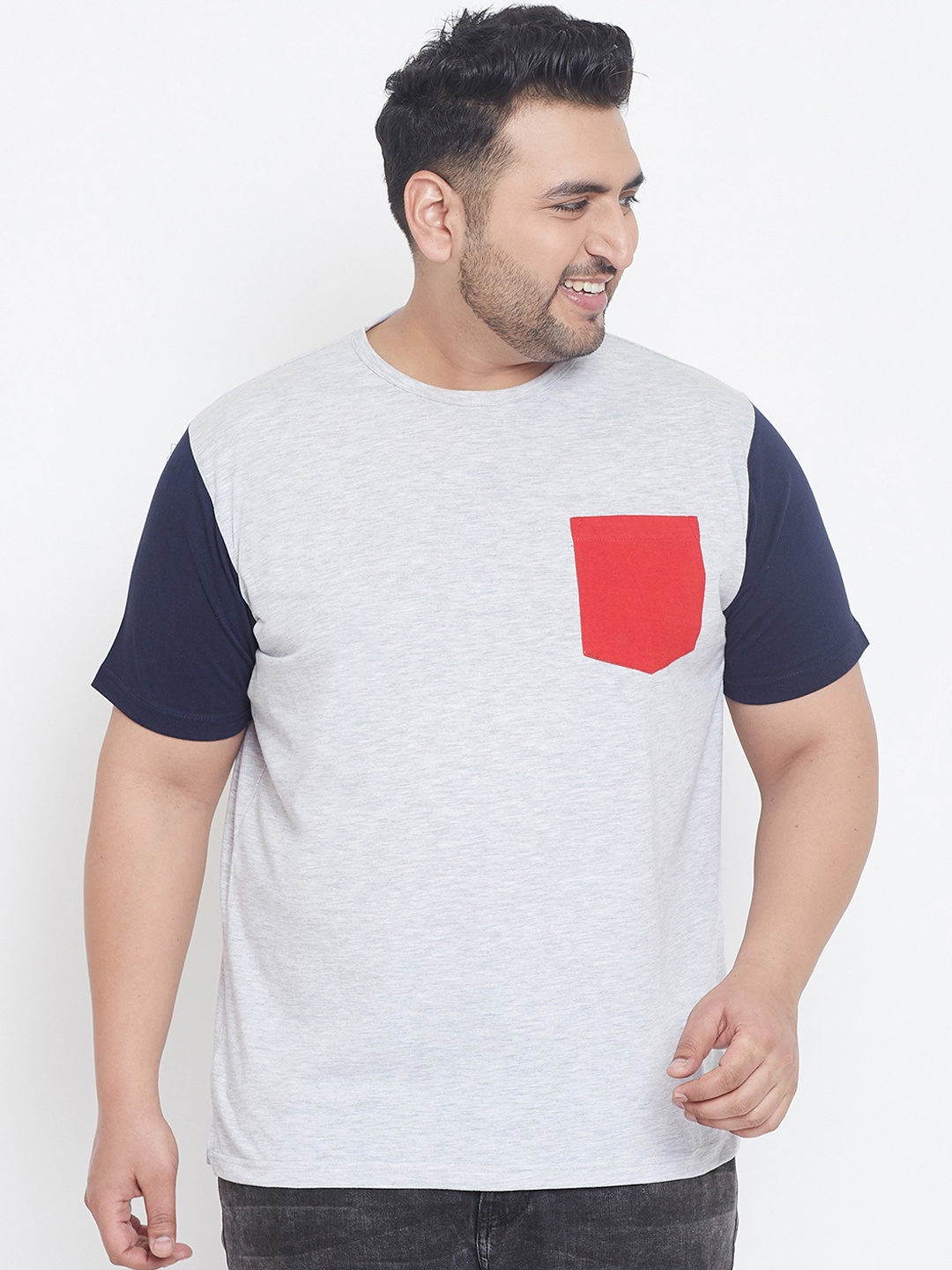 bigbanana Plus Size Men Grey Blue Solid Round Neck Pure Cotton T-shirt
