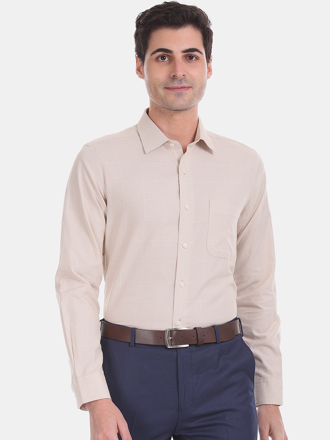 

Arrow Men Beige Regular Fit Checked Formal Shirt