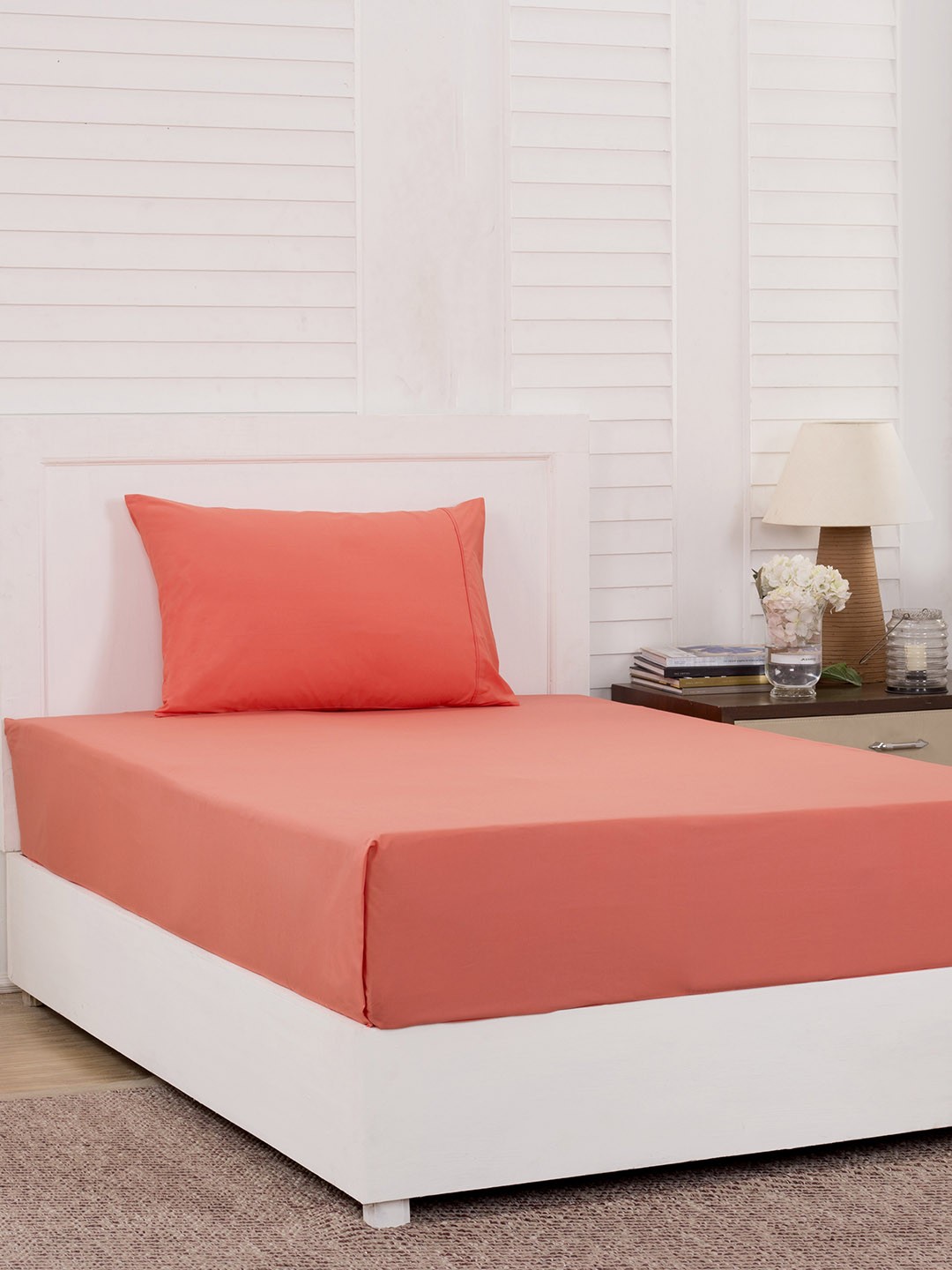 

MASPAR Peach-Coloured Solid 200 TC Cotton 1 Single Bedsheet with 1 Pillow Covers