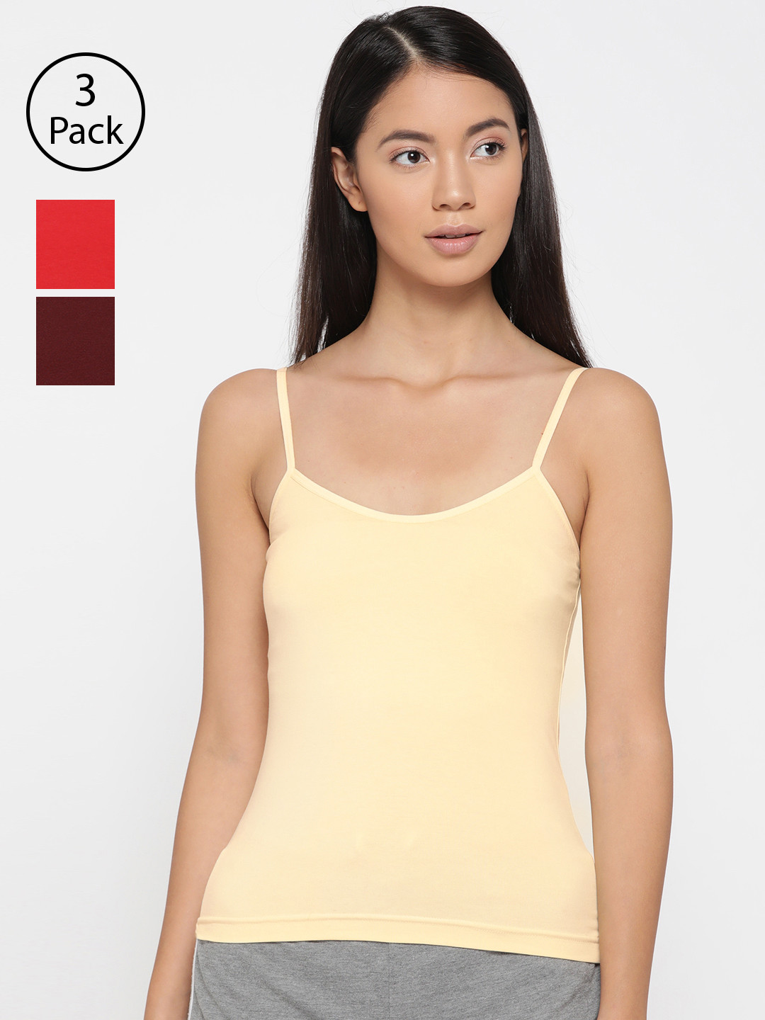 

Lady Lyka Women Pack Of 3 Solid Adjustable Straps Camisoles CAMI-04-MRN-RED-SKN, Burgundy