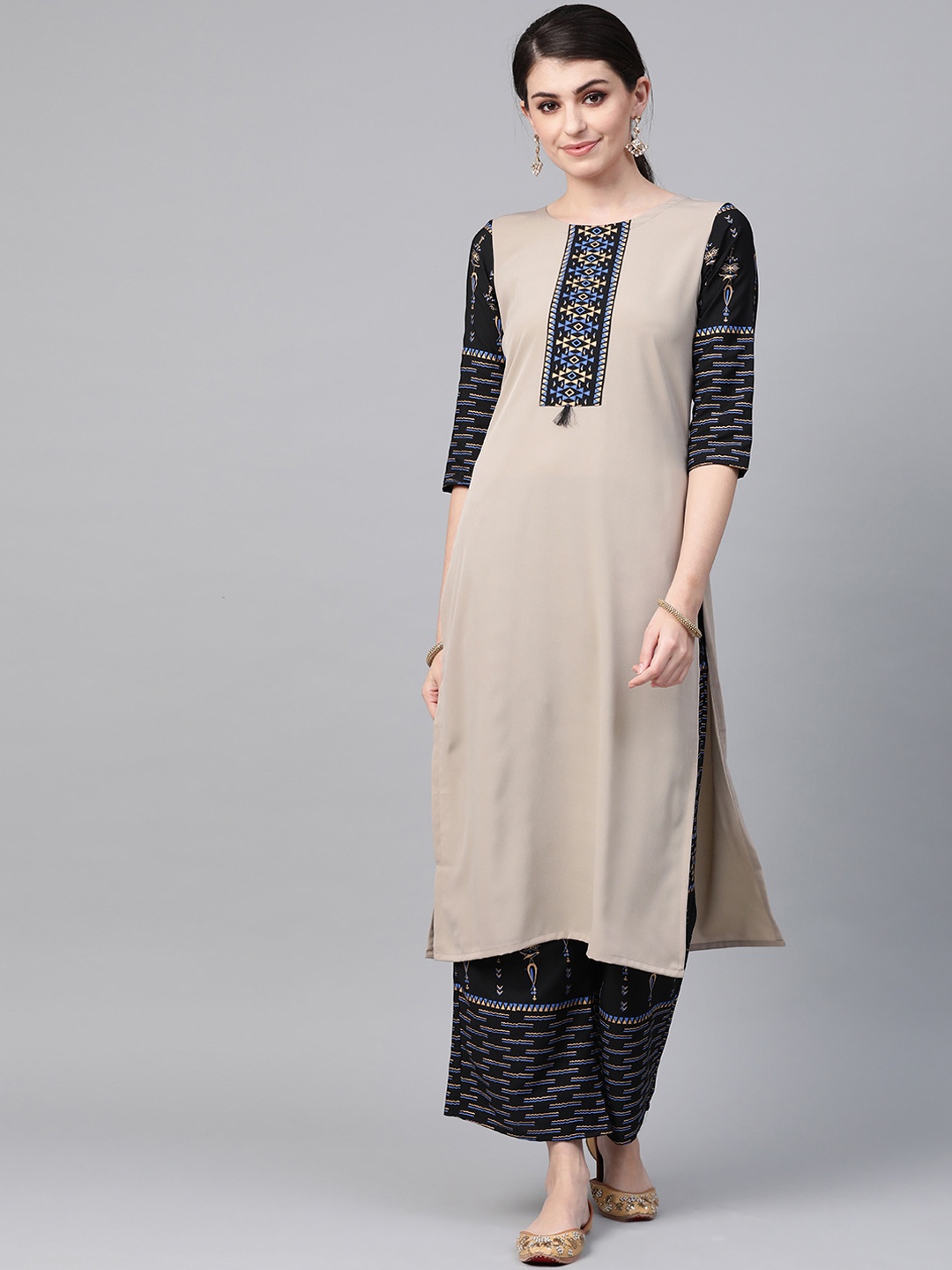 

ZIYAA Women Taupe & Black Printed Straight Kurta