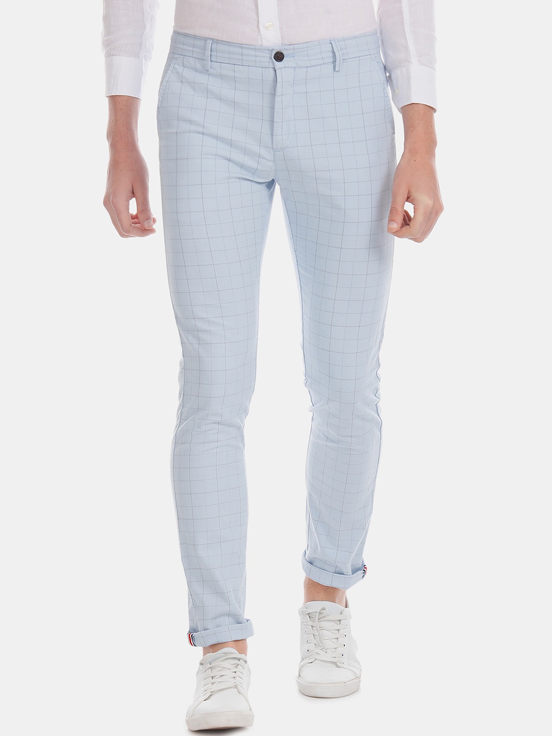 

Arrow Sport Men Blue & Grey Skinny Fit Checked Regular Trousers
