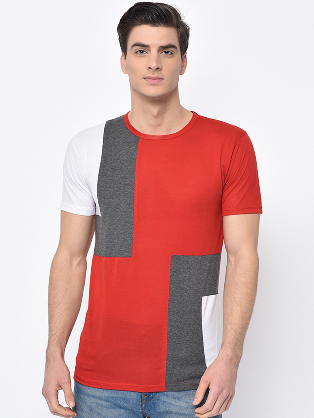 

VIMAL JONNEY Men Red & Grey Colourblocked Round Neck T-shirt
