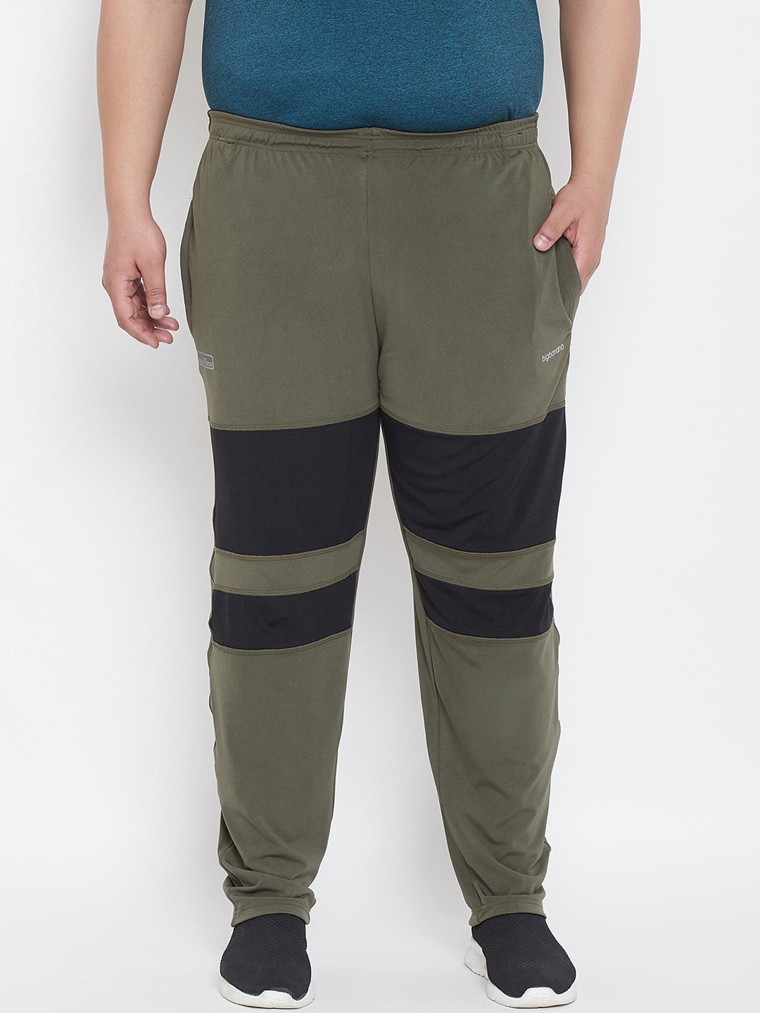 

bigbanana Plus Size Men Olive Green Black Colourblocked Track Pants