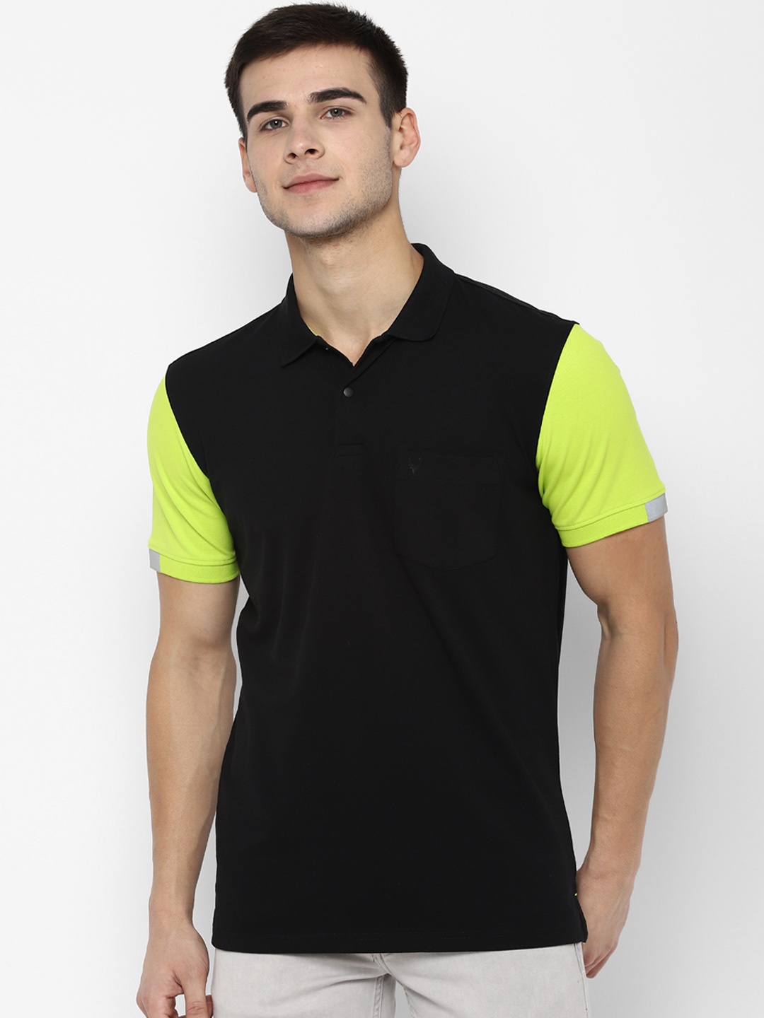 

Allen Solly Men Black & Fluorescent Green Colourblocked Polo Collar T-shirt