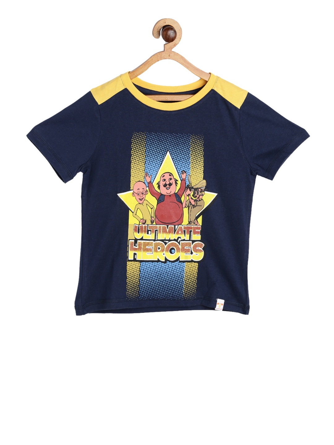 

toothless Boys Navy Blue & Yellow Motu Patlu Printed Round Neck Pure Cotton T-shirt