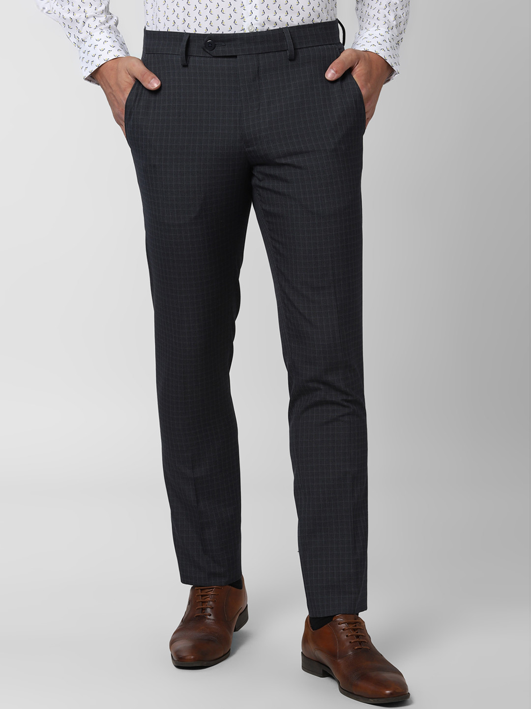 

Peter England Men Navy Blue Slim Fit Checked Formal Trousers