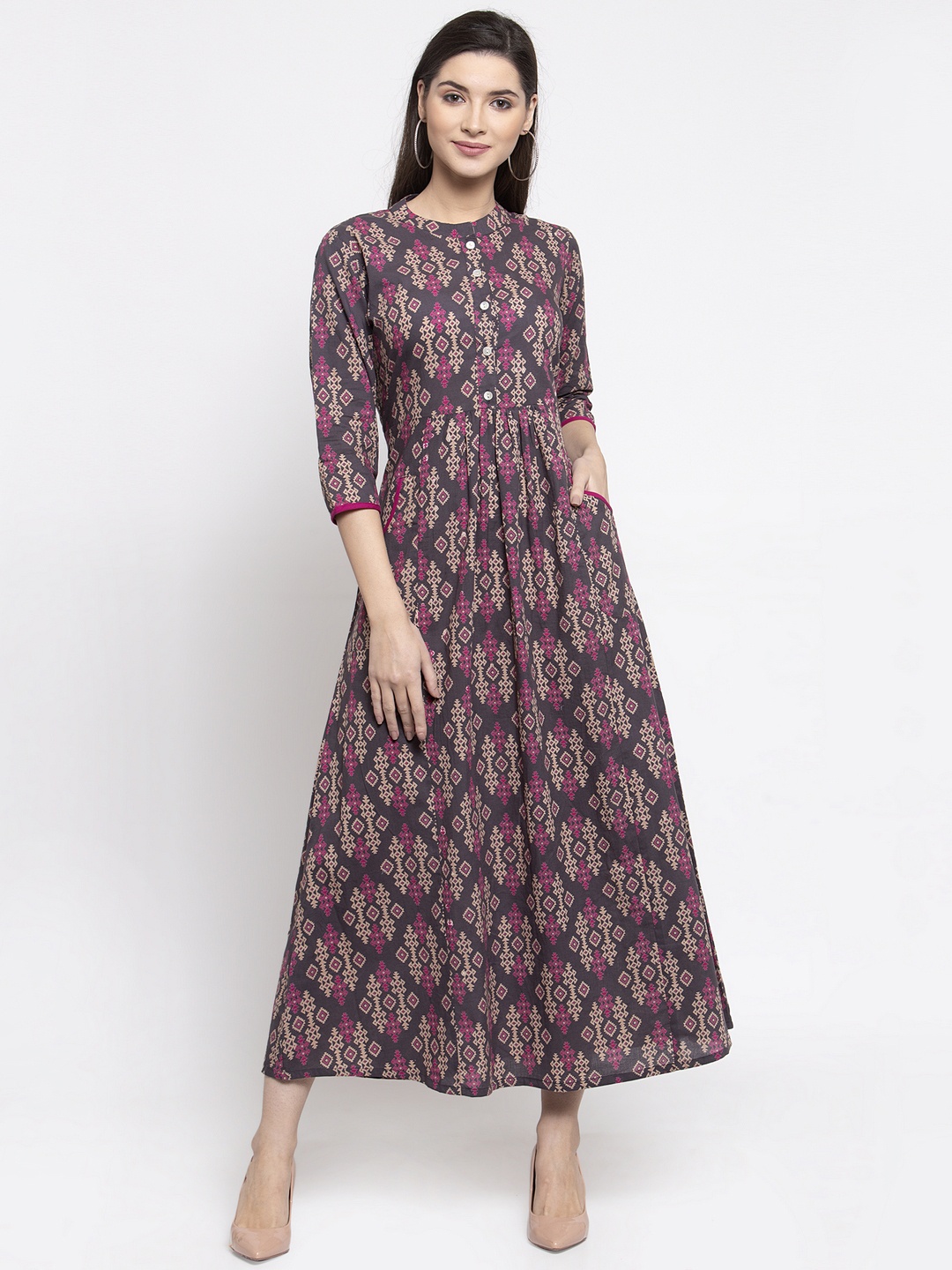 

Indibelle Women Charcoal Grey & Beige Printed Fit and Flare Dress