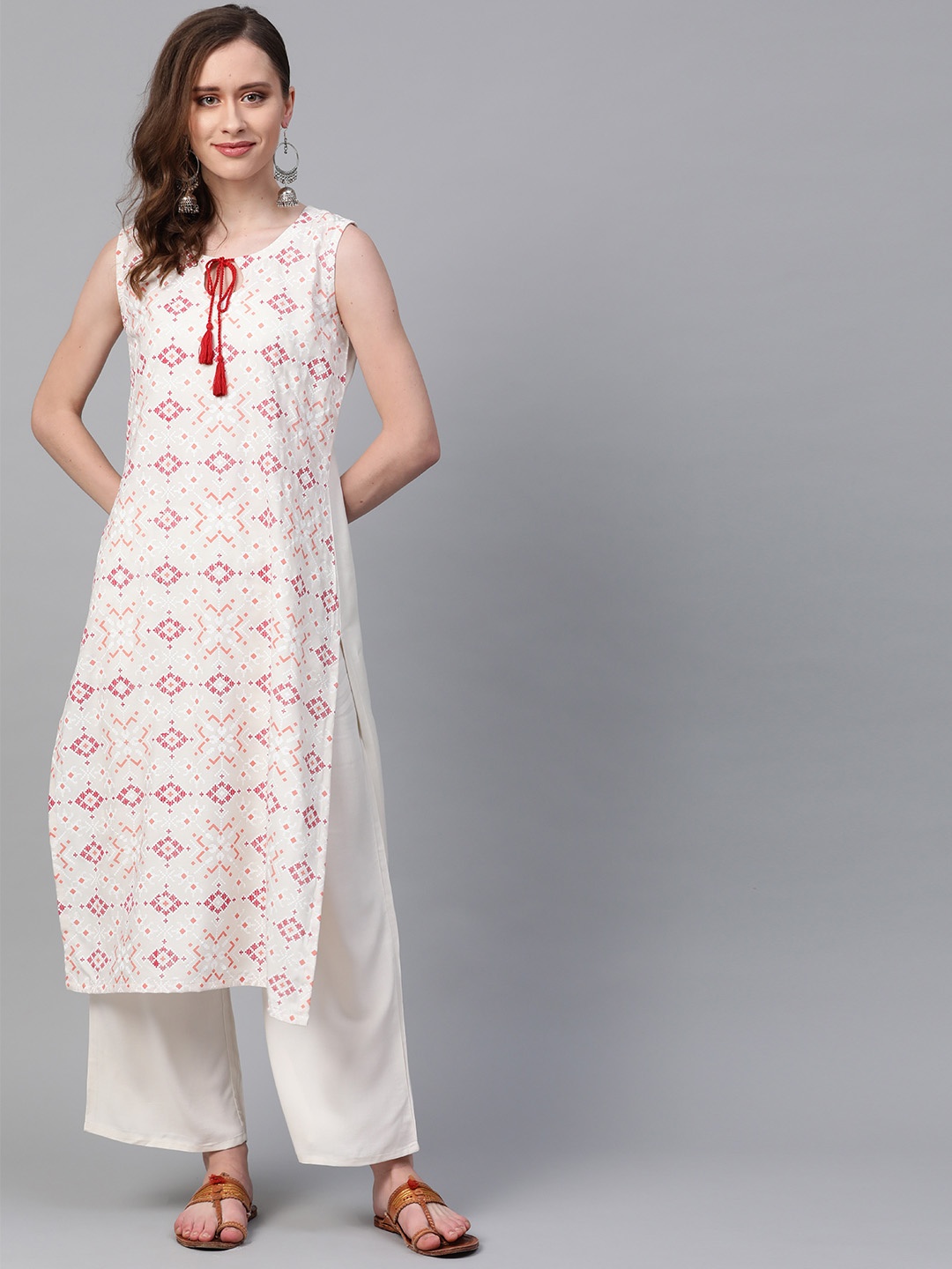 

ZIYAA Women Cream-Coloured & Pink Printed Straight Kurta