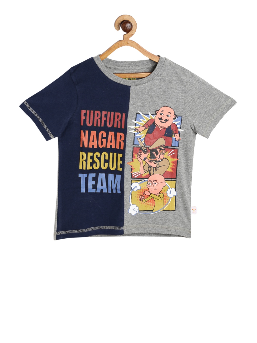 

toothless Boys Grey Melange & Navy Blue Motu Patlu Printed Round Neck Pure Cotton T-shirt