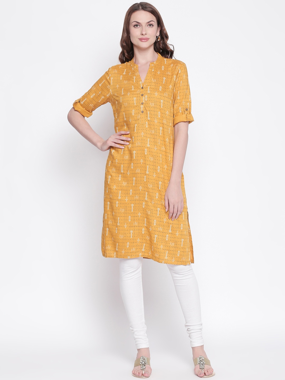 

RANGMANCH BY PANTALOONS Women Yellow & Grey Printed Straight Kurta