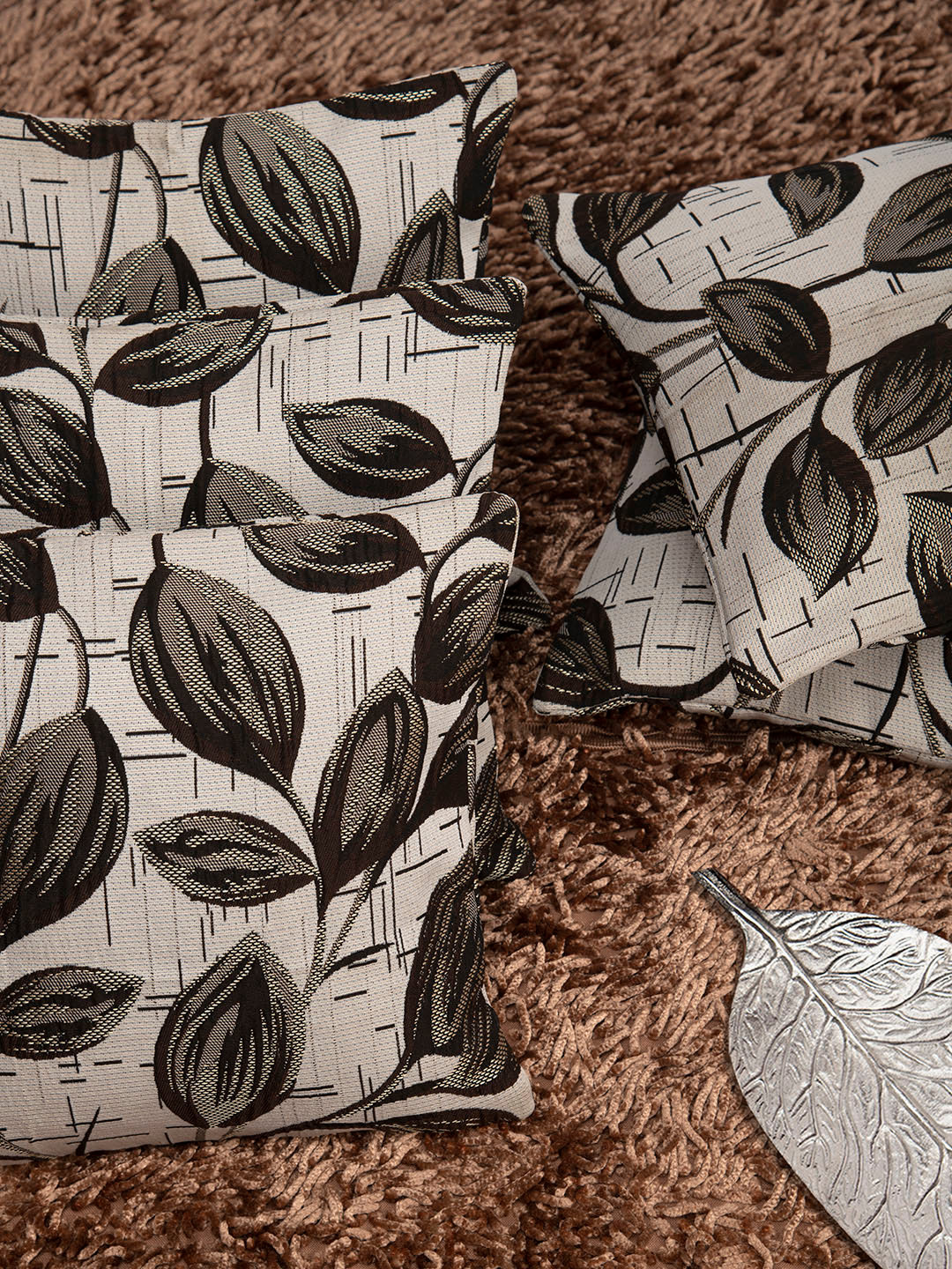 

HOUZZCODE Coffee Brown Set of 5 Floral Square Cushion Covers