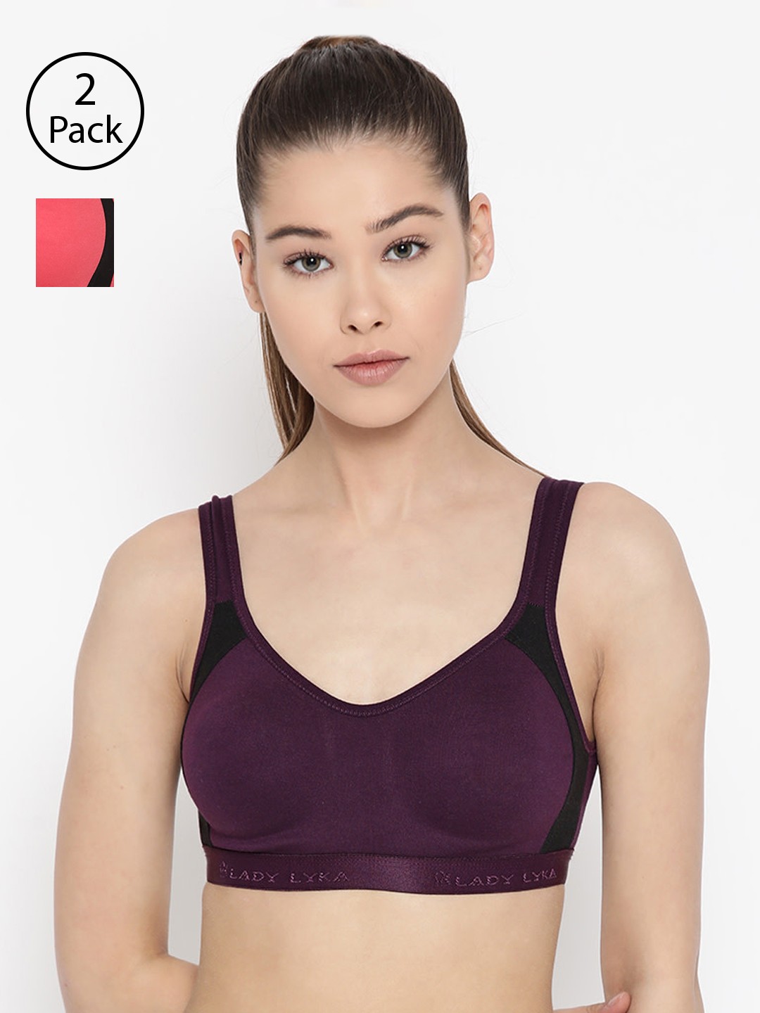 

Lady Lyka Pack of 2 Solid Non-Wired Non Padded Sports Bras LILAC-PLM-PPL, Peach