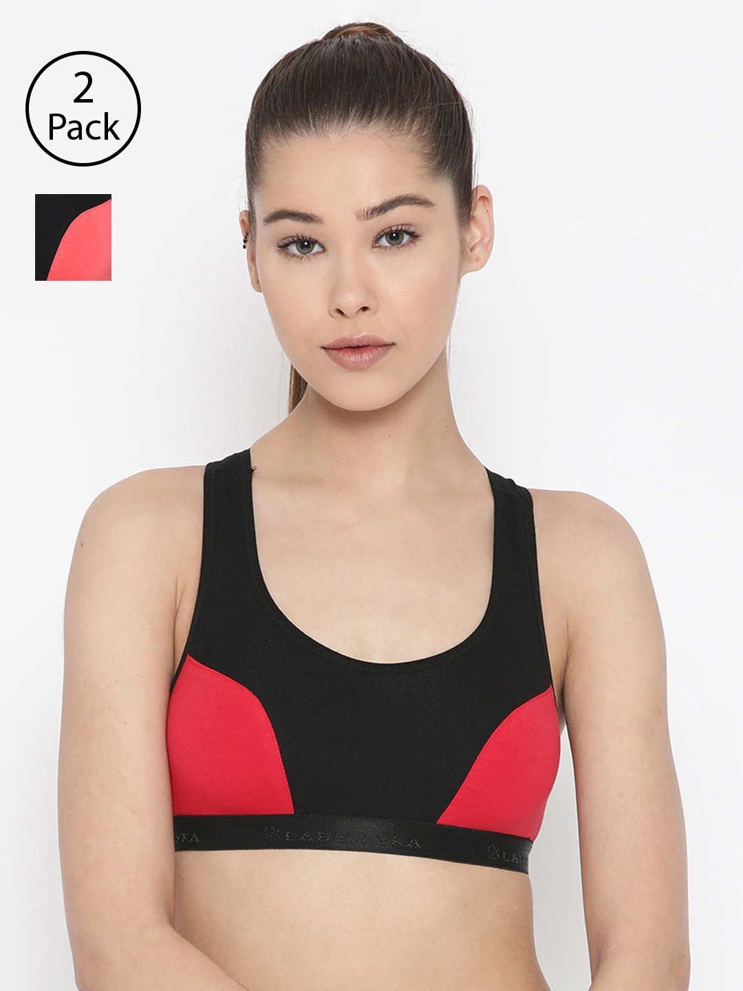 

Lady Lyka Pack of 2 Colourblocked Non-Wired Non Padded Sports Bras ROSES-PLM-RED, Peach