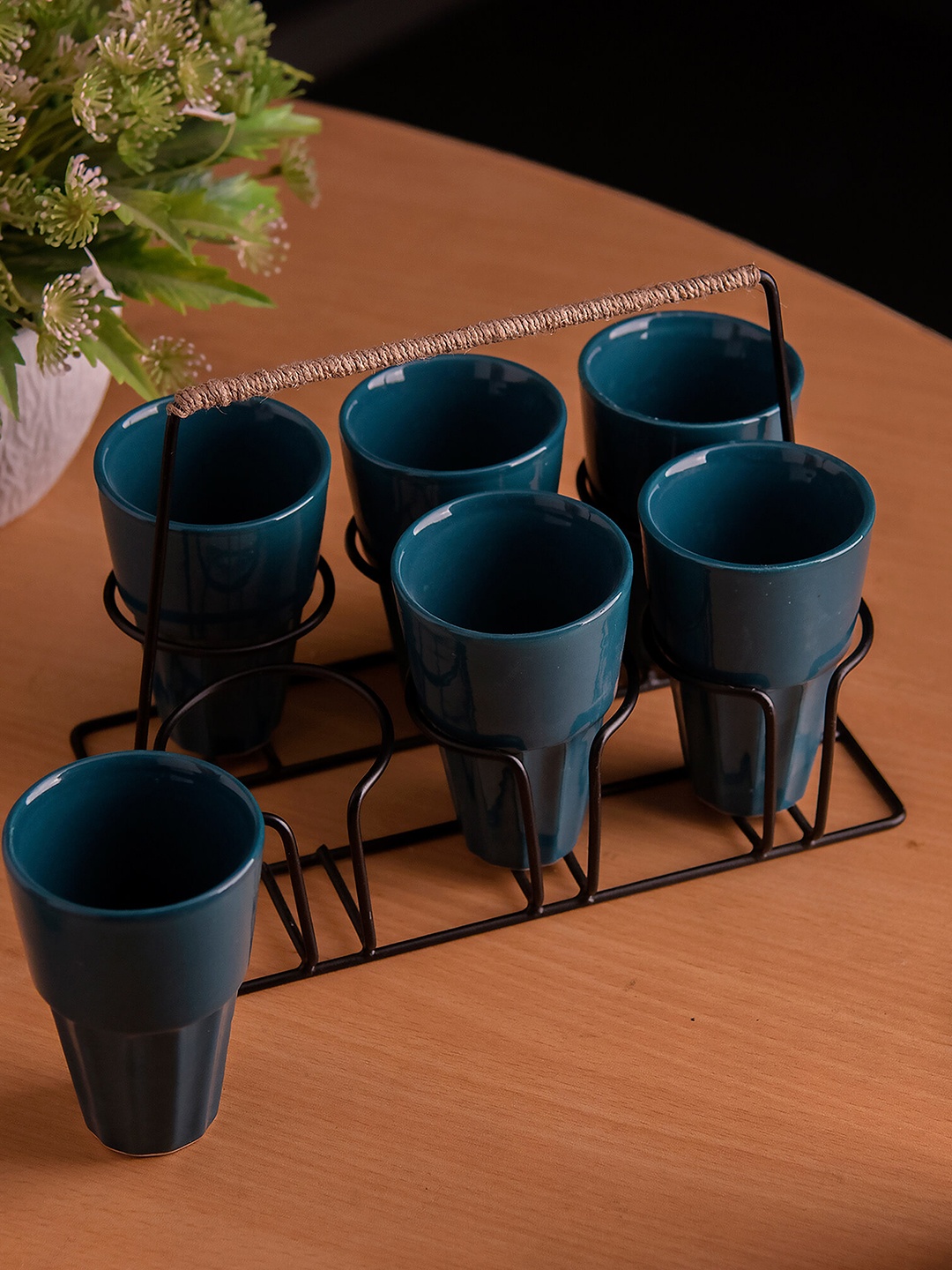 

Homesake Set of 6 Teal Green Ceramic Chai Glasses With Black Stand