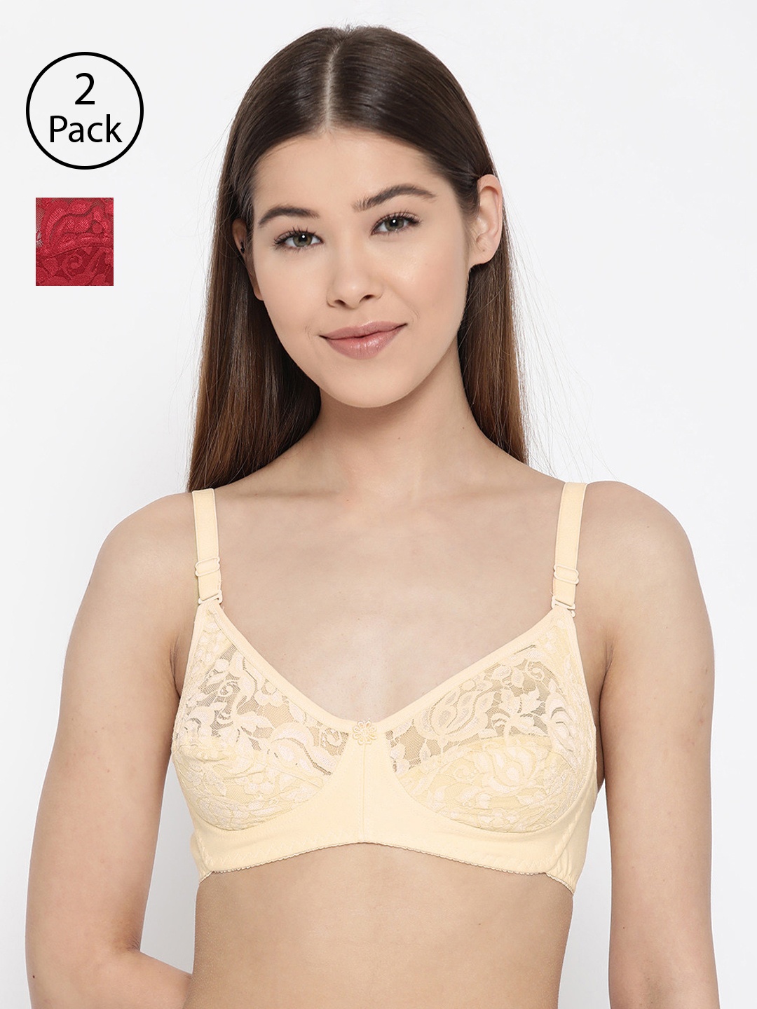 

Lady Lyka Pack of 2 Lace Non-Wired Non Padded Lace Everyday Bras IMPRESSION, Maroon