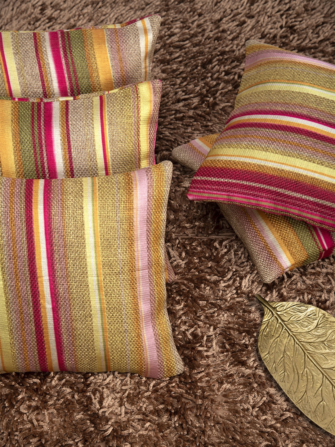 

HOUZZCODE Pink & Yellow Set of 5 Striped Square Cushion Covers