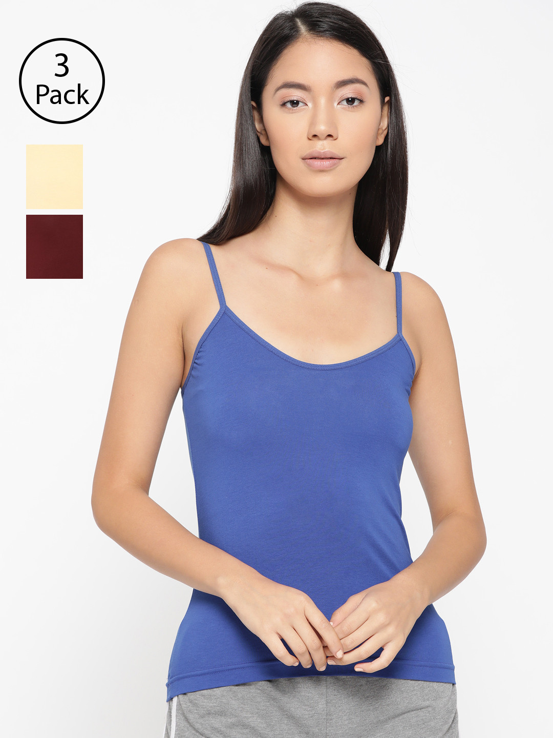 

Lady Lyka Women Pack Of 3 Solid Adjustable Straps Camisoles CAMI-04-SKN-BLU-MRN, Beige