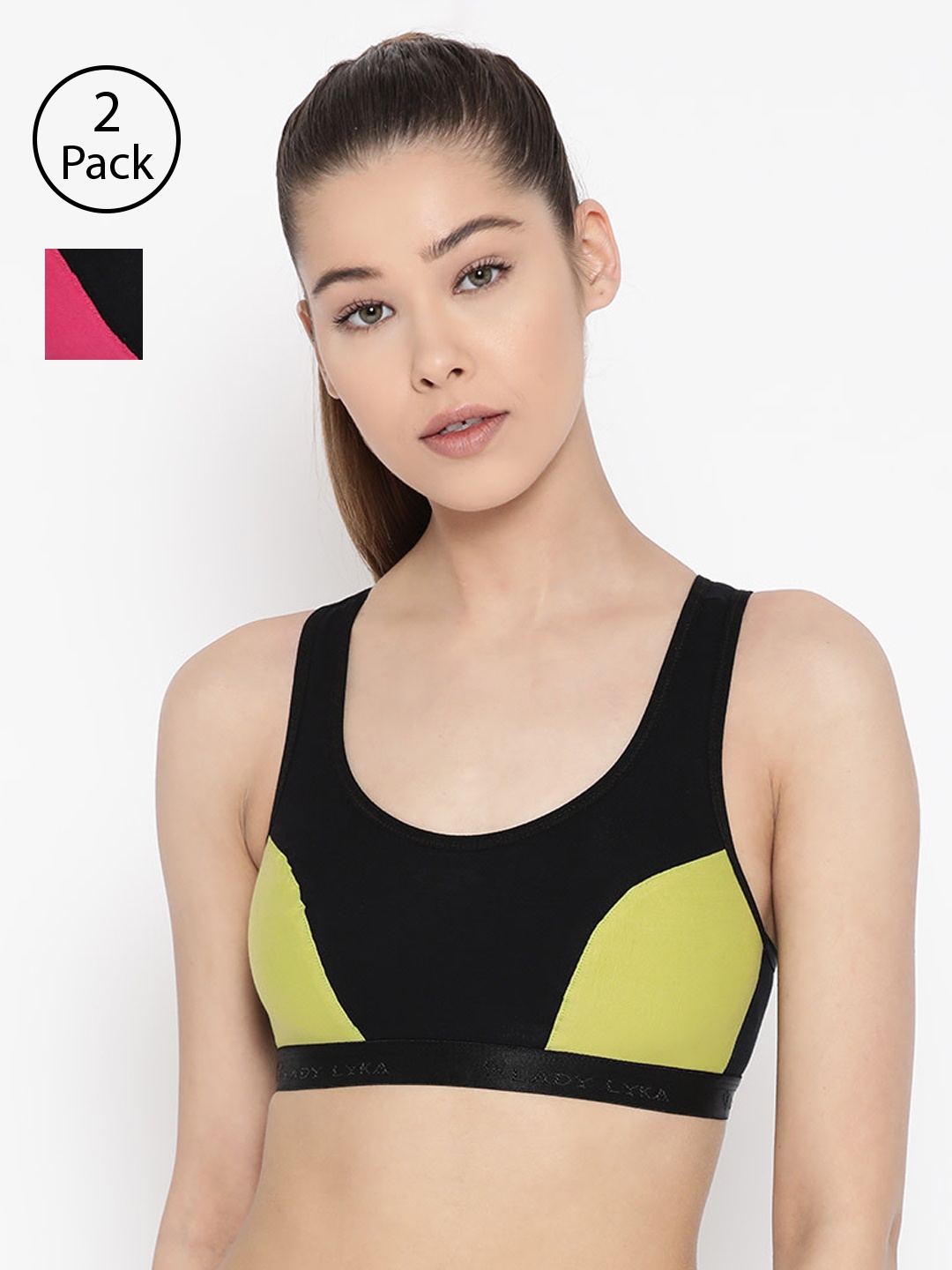

Lady Lyka Pack of 2 Colourblocked Non-Wired Non Padded Sports Bras ROSES-FCA-GRN, Fuchsia