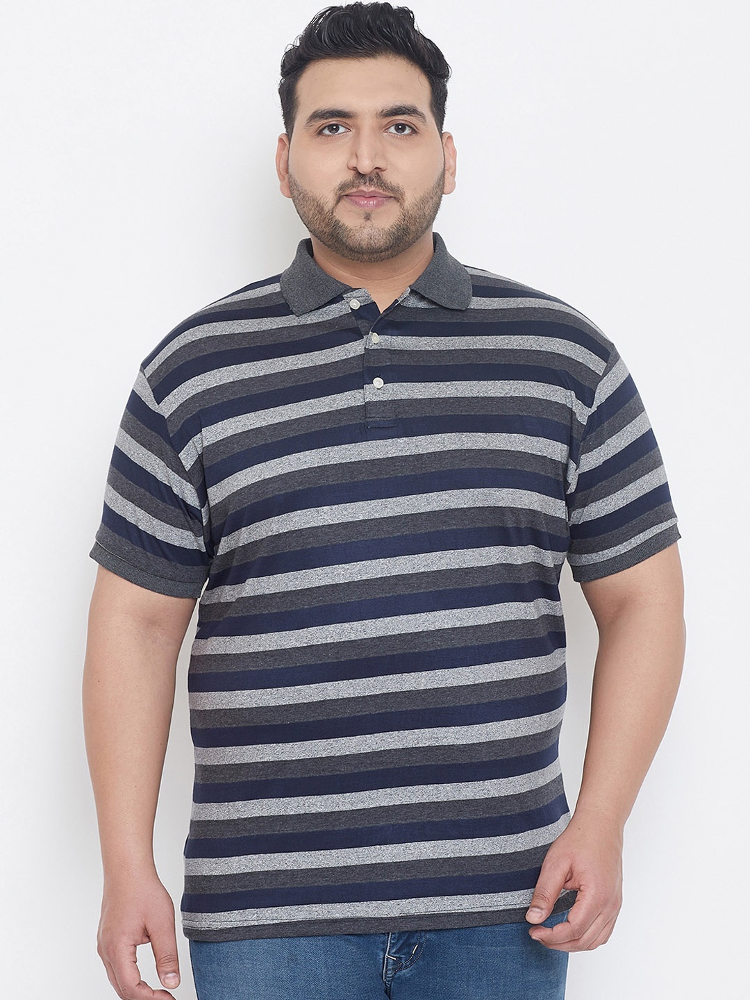 

bigbanana Plus Size Men Grey Striped Polo Collar Pure Cotton T-shirt