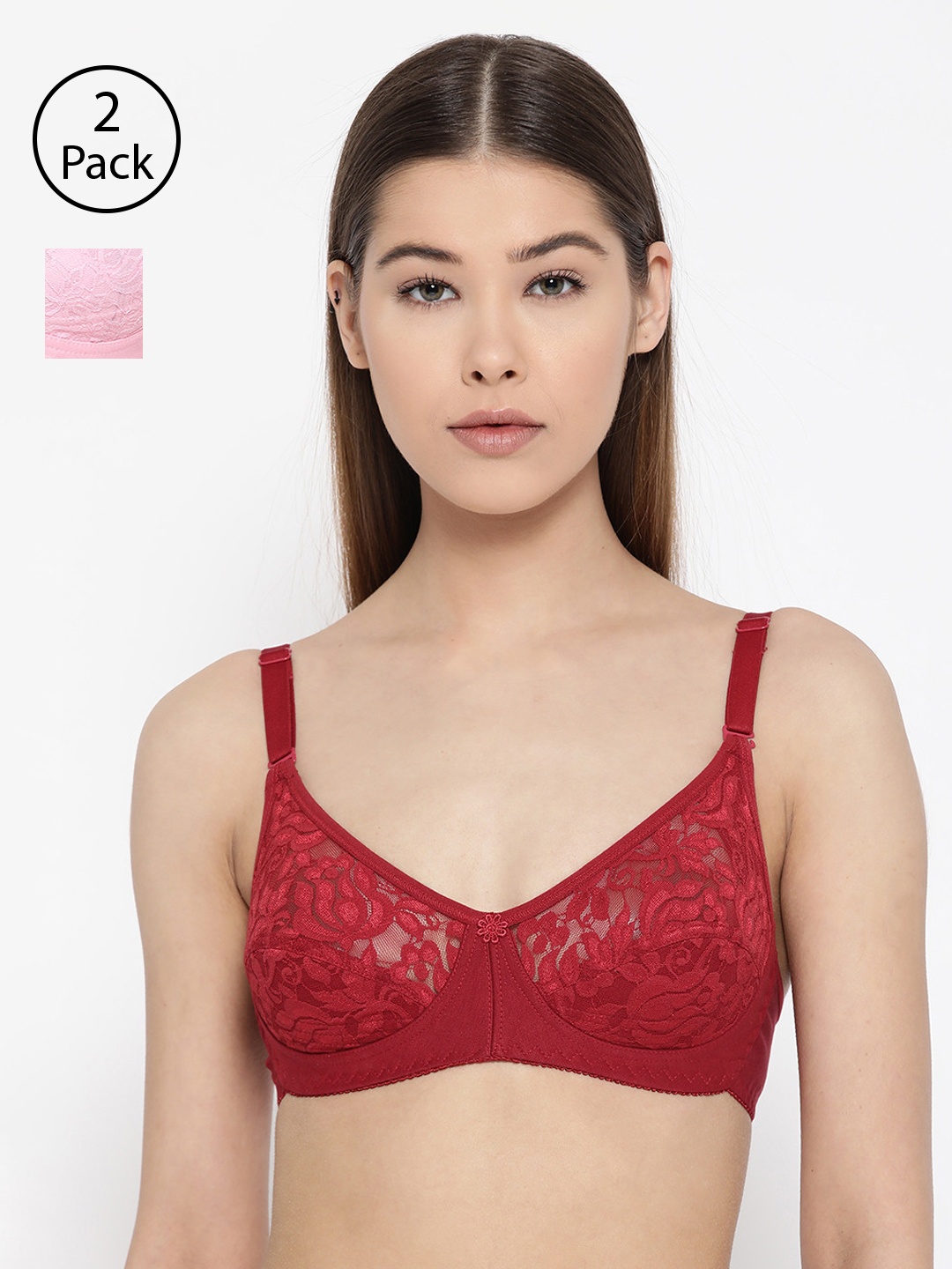 

Lady Lyka Pack of 2 Lace Non-Wired Non Padded Lace Everyday Bras IMPRESSION, Maroon