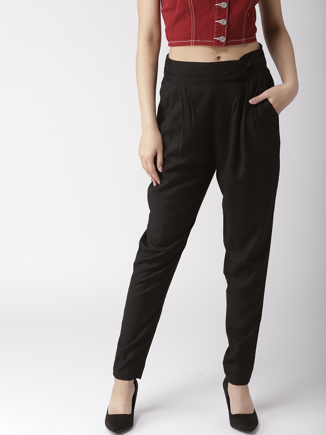 

QUIERO Women Black Tapered Fit Solid Peg Trousers