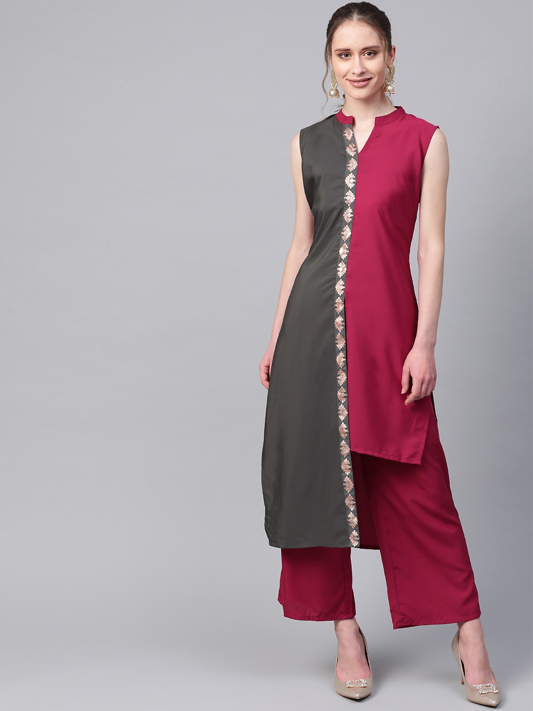 

ZIYAA Women Pink & Olive Green Colourblocked Asymmetric Straight Kurta