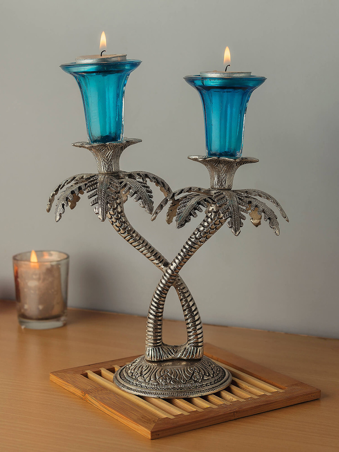 

Homesake Blue Double Palm-Tree Hand-Carved Candle Holder