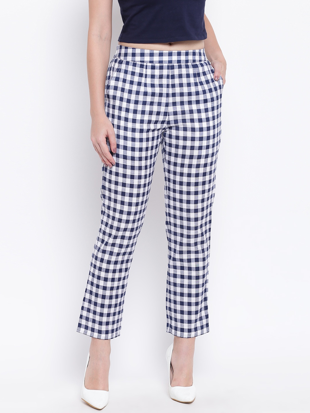 

Be Indi Women Navy Blue & White Checked Straight Palazzos