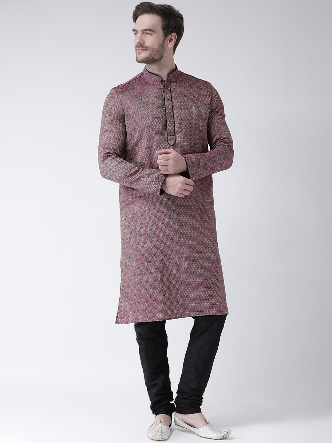 

DEYANN Men Purple & Black Woven Design Kurta with Churidar