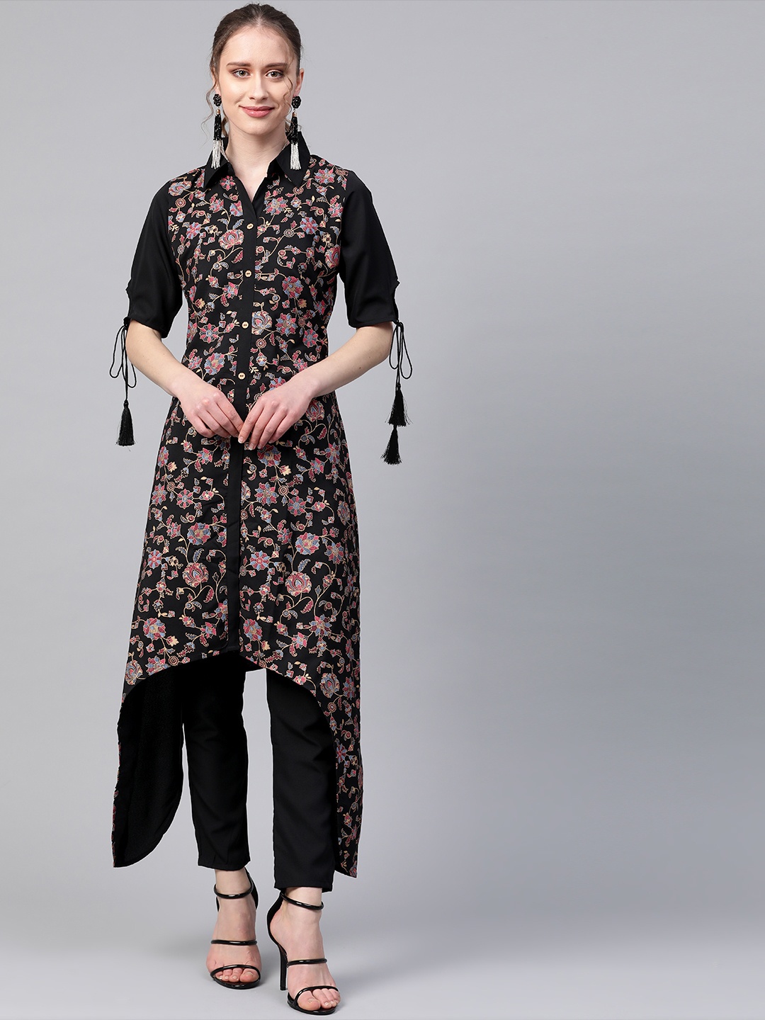 

ZIYAA Women Black & Red Printed Asymmetric A-Line Kurta