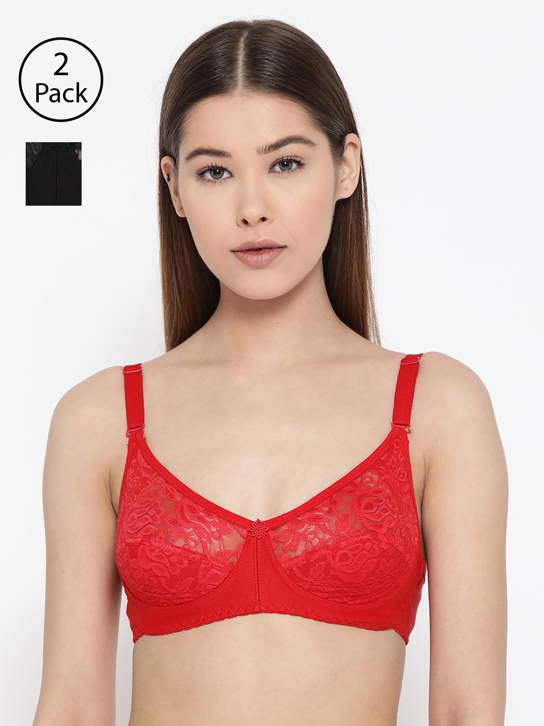 

Lady Lyka Pack of 2 Lace Non-Wired Non Padded Lace Everyday Bras IMPRESSION, Black