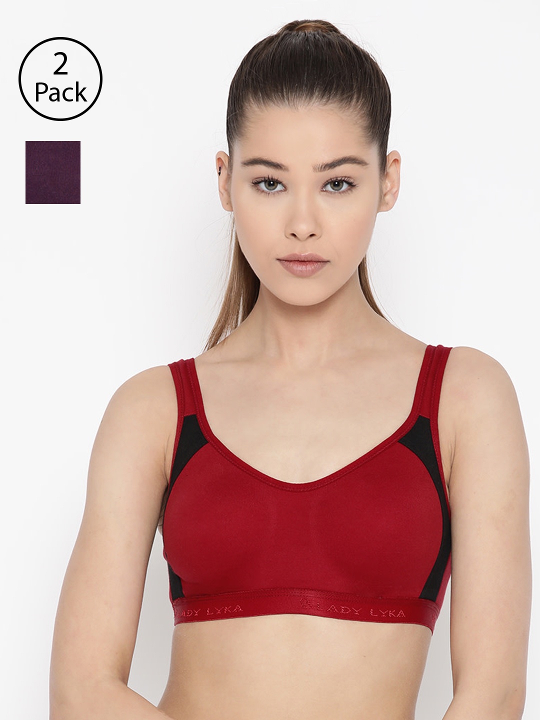 

Lady Lyka Pack of 2 Solid Non-Wired Non Padded Sports Bras LILAC-MRN-PPL, Maroon