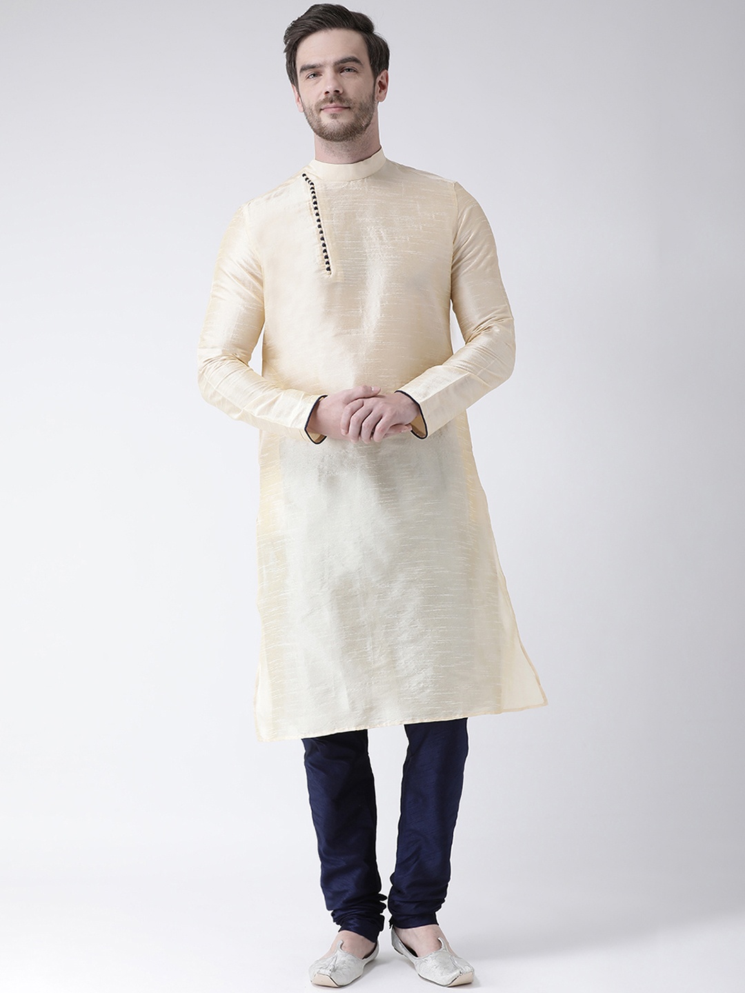 

DEYANN Men Cream-Coloured & Navy Blue Woven Design Kurta with Churidar