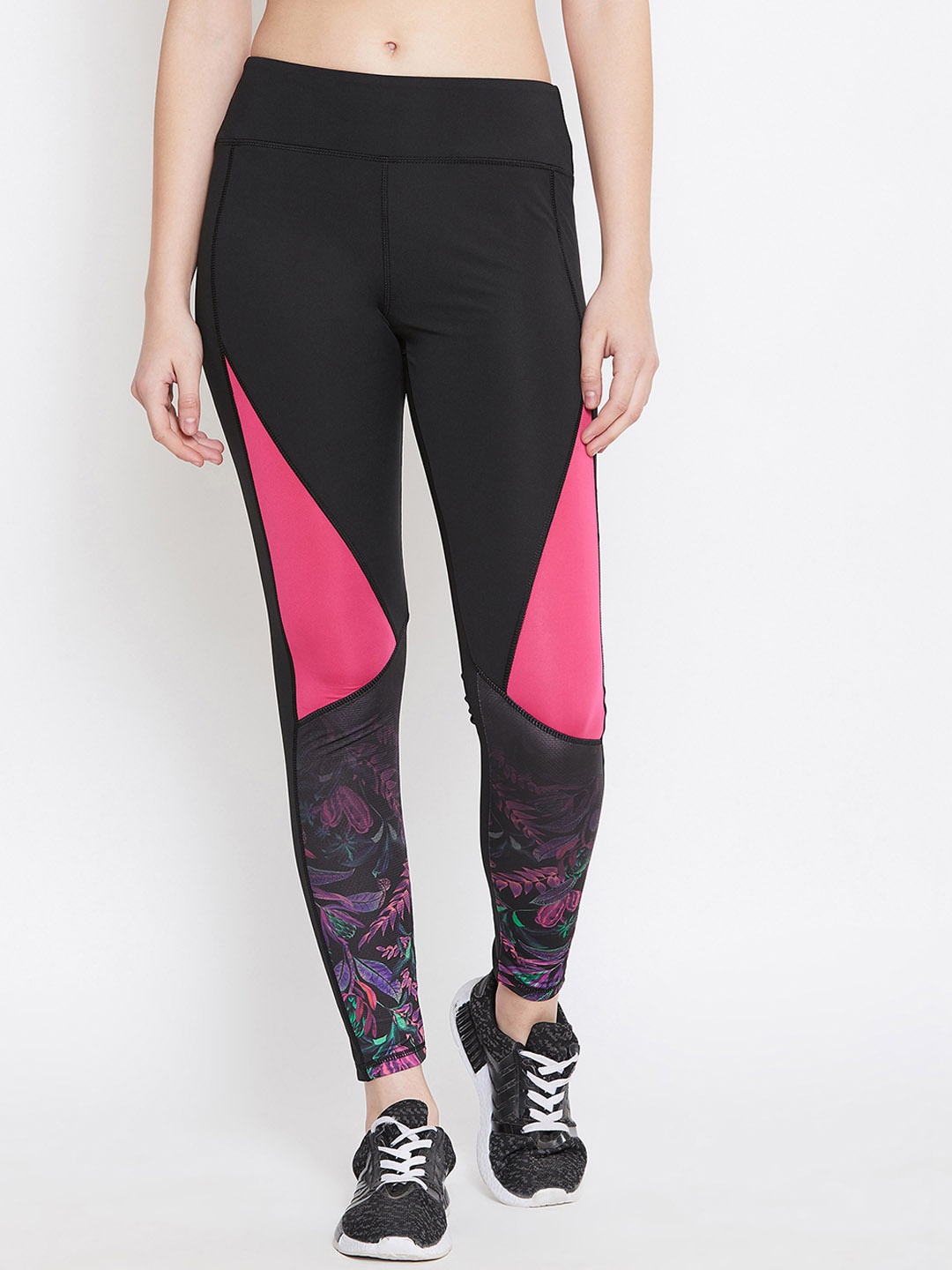 

PERFKT-U Women Black & Pink Printed Rapid-Dry Skinny-Fit Tights