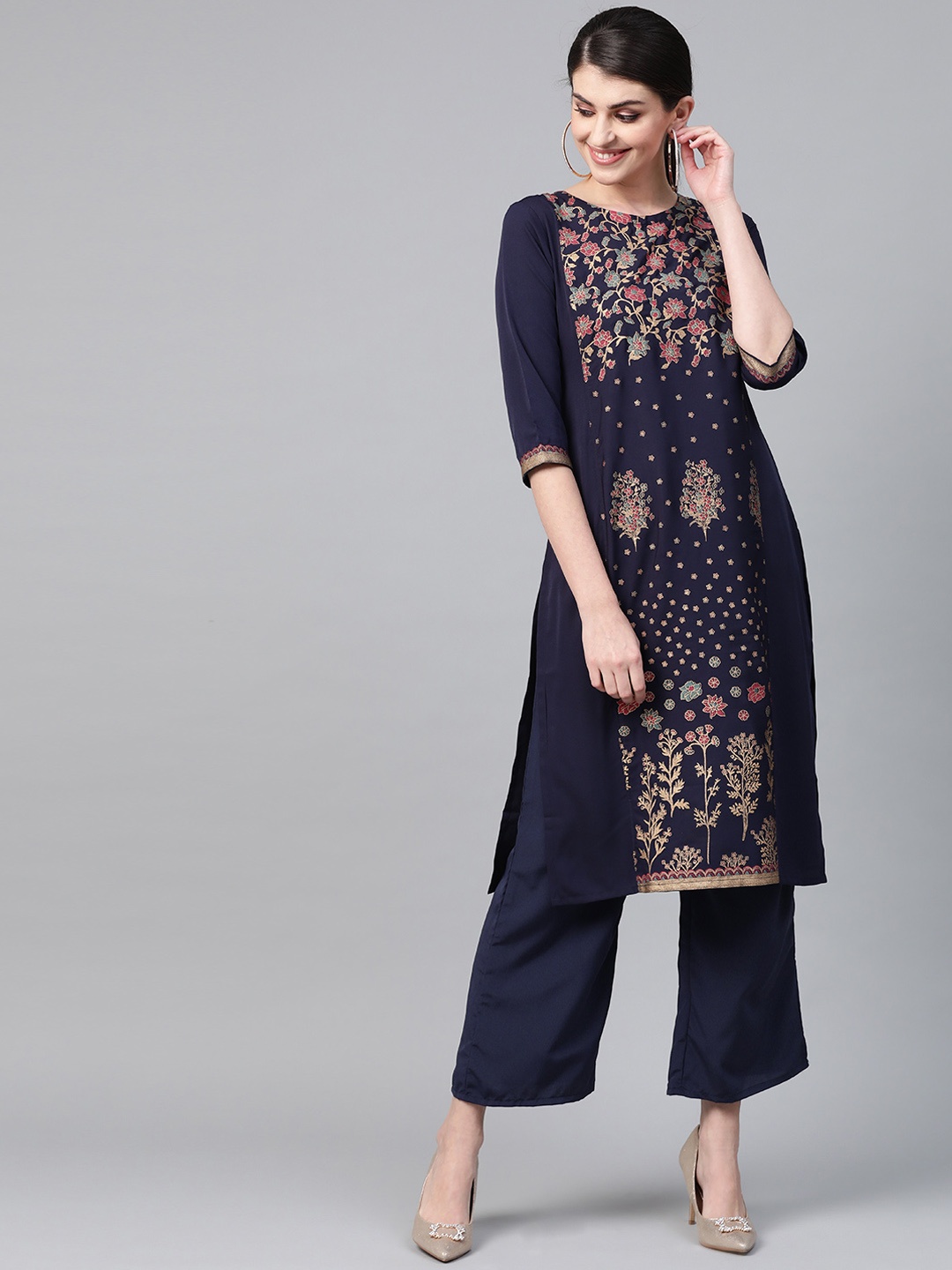

ZIYAA Women Navy Blue Printed Straight Kurta