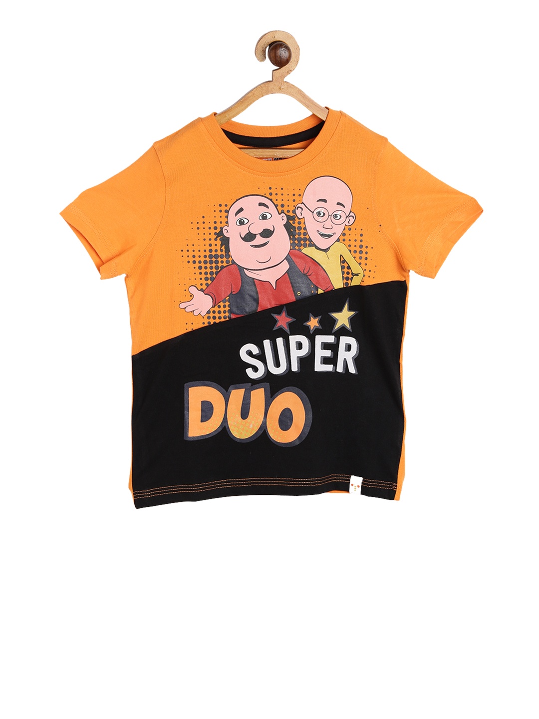 

toothless Boys Orange & Black Motu Patlu Printed Round Neck Pure Cotton T-shirt