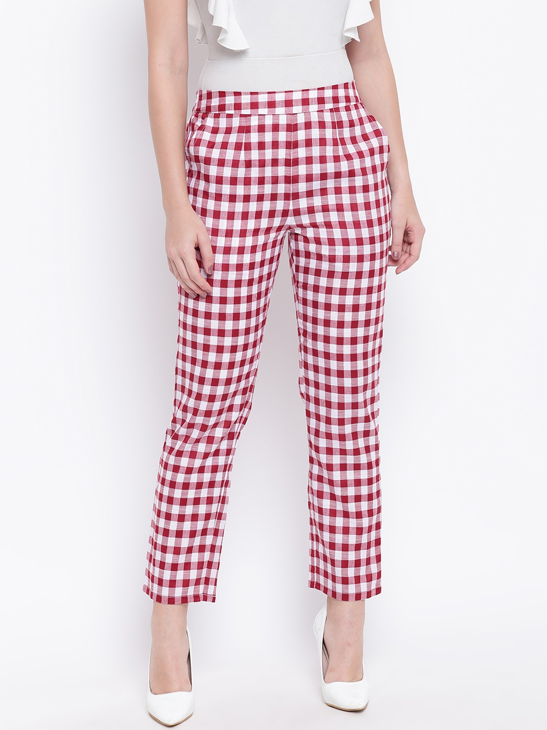 

Be Indi Women Maroon & White Checked Straight Palazzos