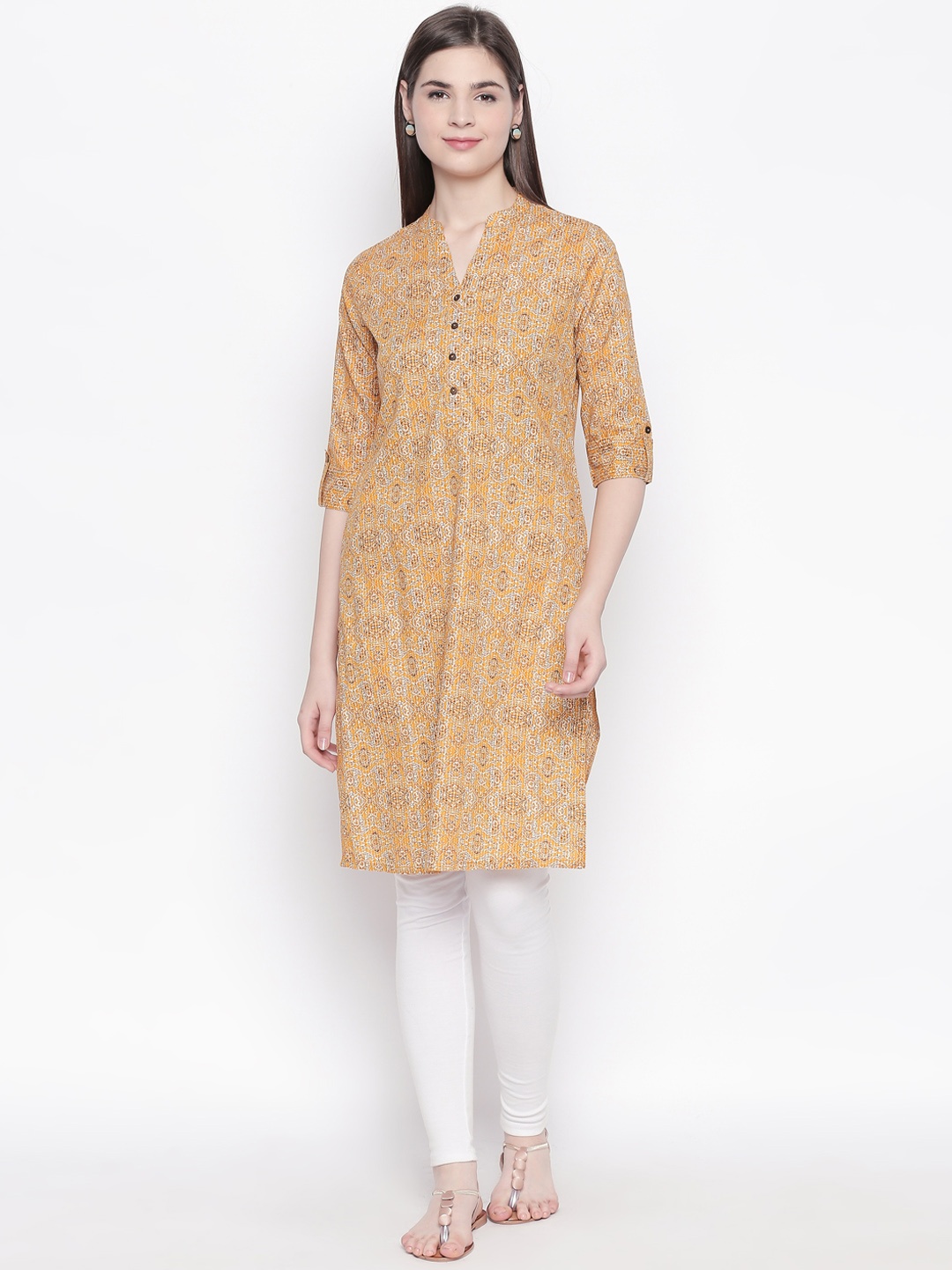 

RANGMANCH BY PANTALOONS Women Yellow & Grey Printed Straight Kurta