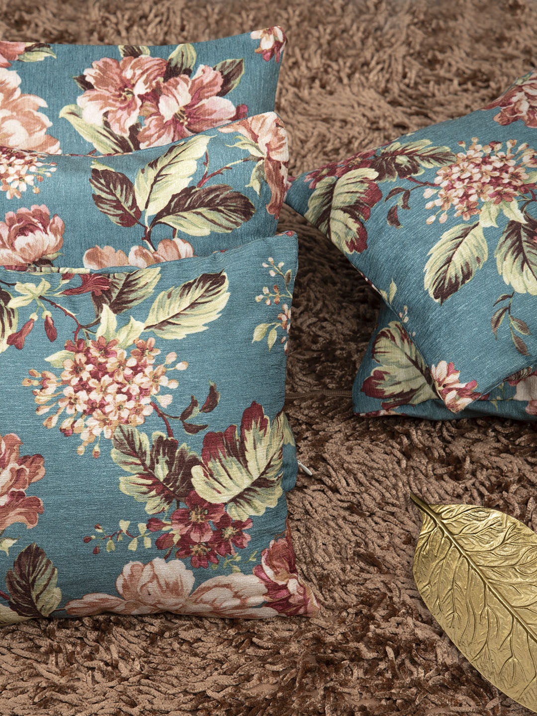 

HOUZZCODE Sea Green Set of 5 Floral Square Cushion Covers