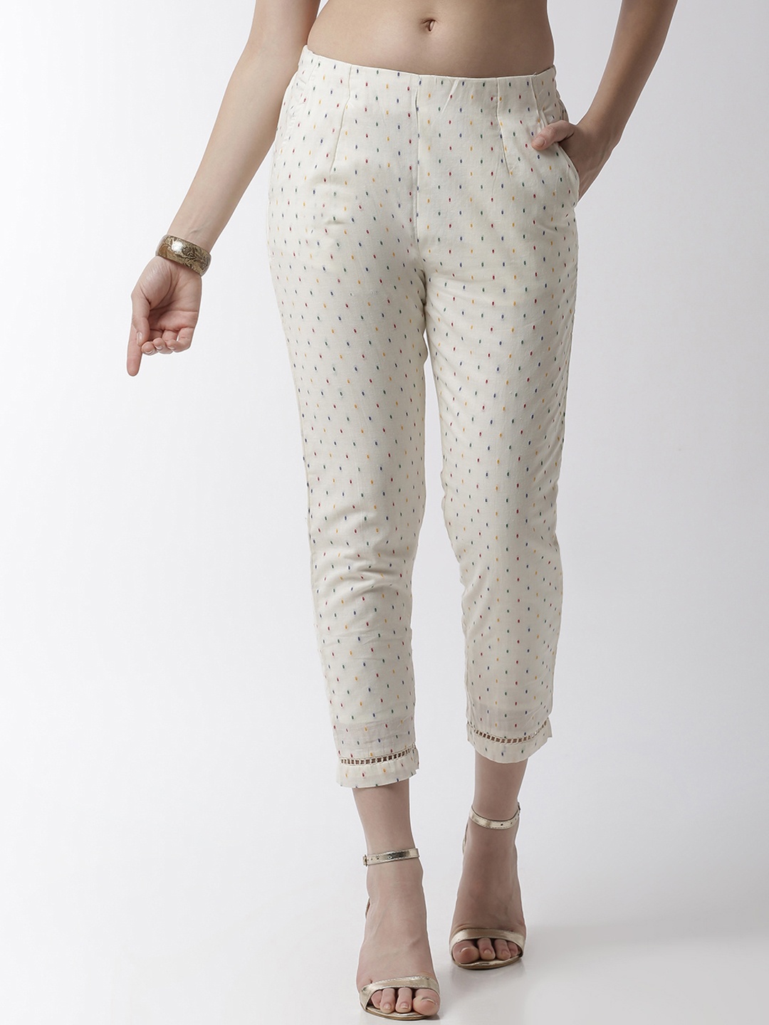 

De Moza Women Off-White Slim Fit Self Design Cigarette Trousers