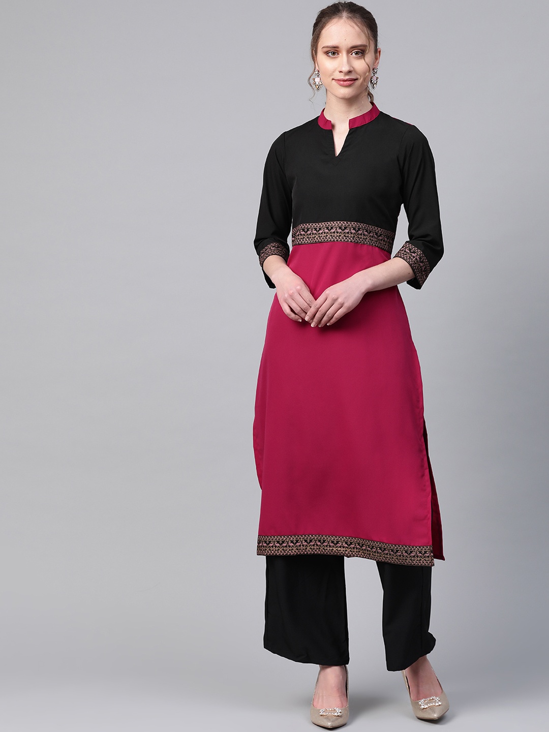 

ZIYAA Women Pink & Black Colourblocked Straight Kurta