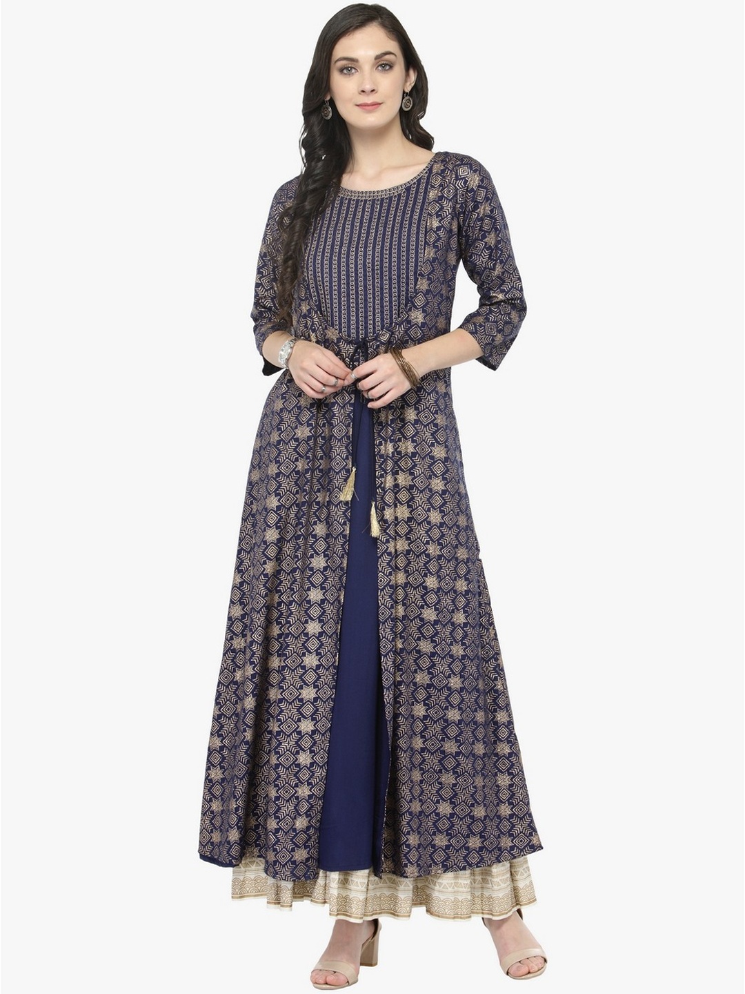 

Varanga Women Blue & Gold-Toned Printed A-Line Kurta