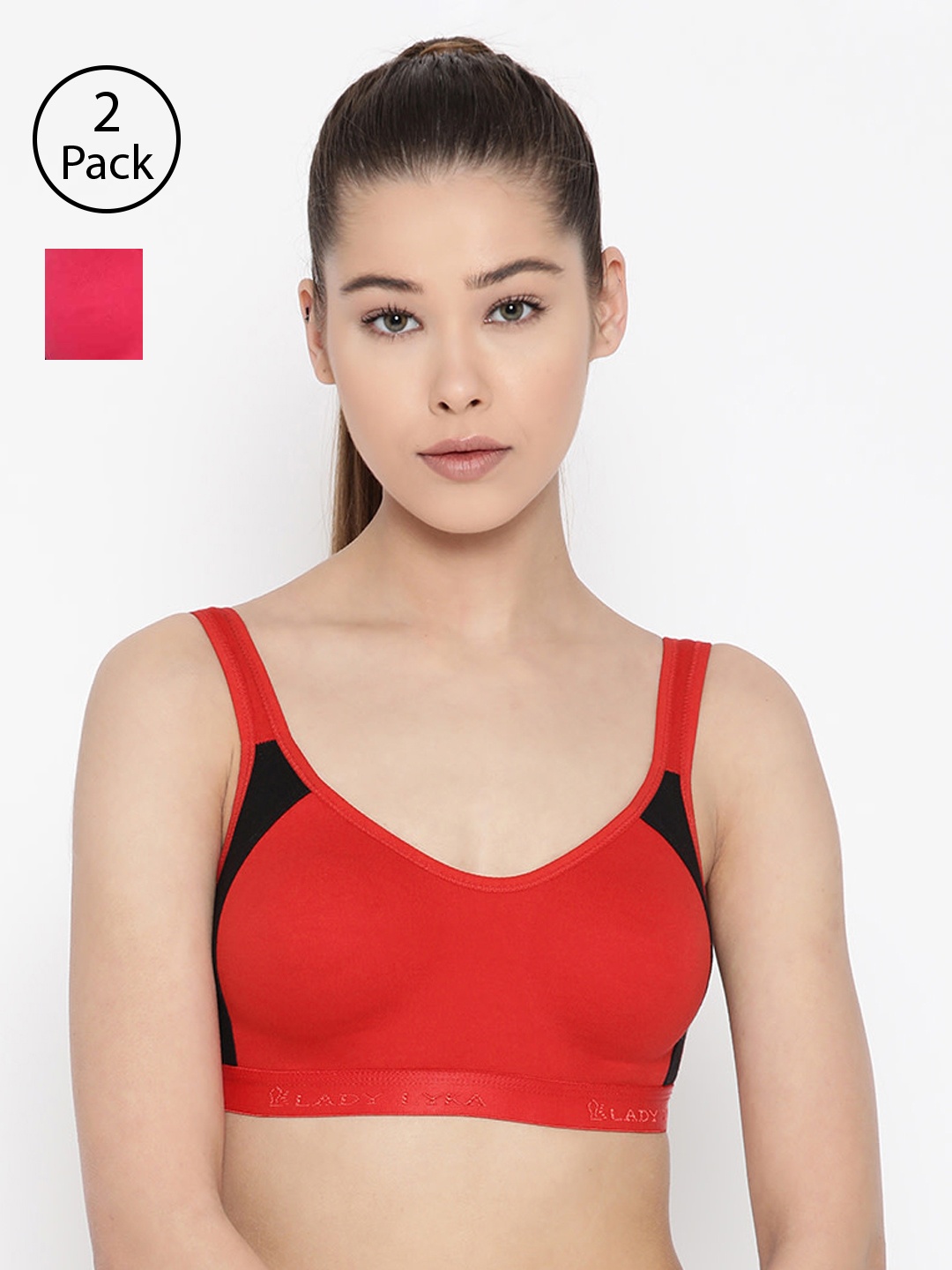 

Lady Lyka Pack of 2 Solid Non-Wired Non Padded Sports Bras LILAC-RED-FCA