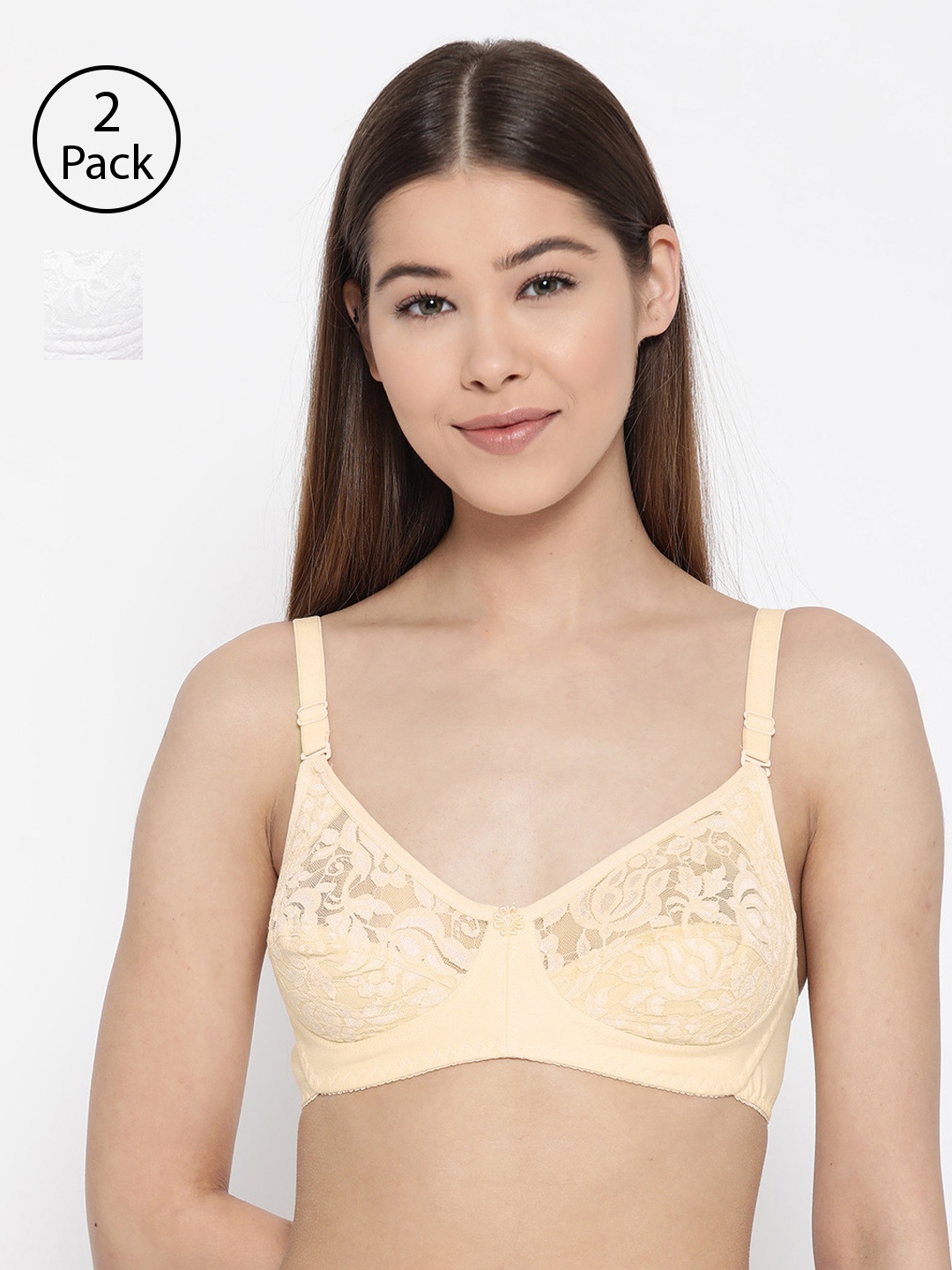 

Lady Lyka Pack of 2 Lace Non-Wired Non Padded Lace Everyday Bras IMPRESSION, Beige